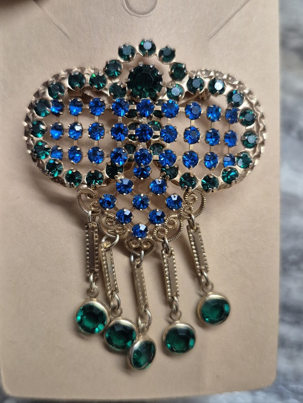 Vintage Mid-Century Gold-Tone Openwork Dangle Brooch – Blue & Emerald Rhinestone